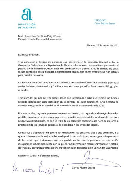 Carta de Carlos Mazón dirigida a Ximo Puig