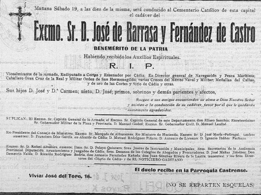 Esquela del vicealmirante José Barrasa y Fernández de Castro. 1929. El Noticiero Gaditano.