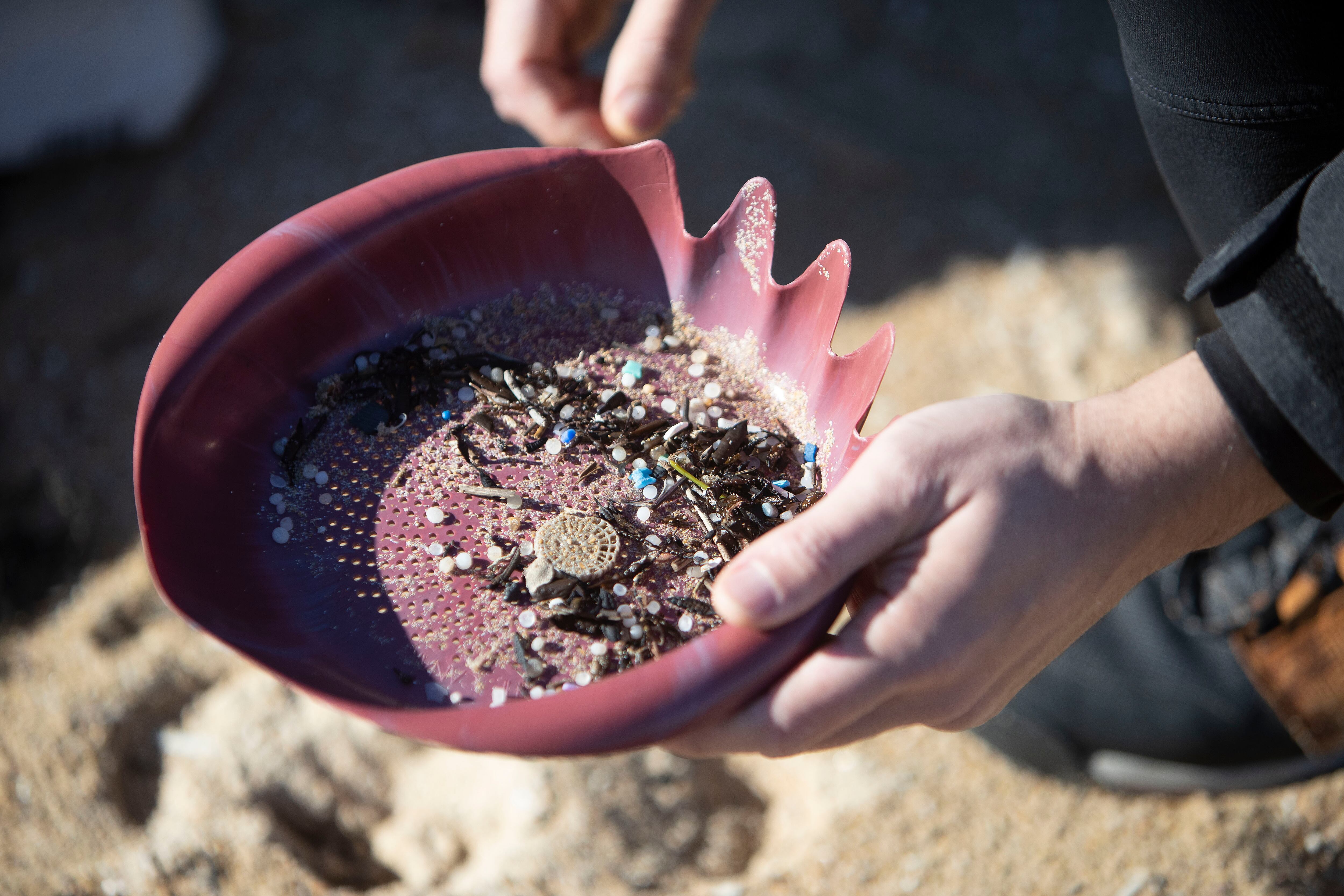 O GROVE (PONTEVEDRA), 07/01/2024.- Voluntarios recogen microeplásticos o pellets, que han aparecido en toda la costa atlántica de Galicia, este domingo en la Playa de A Lanzada en O Grove. EFE/Salvador Sas
