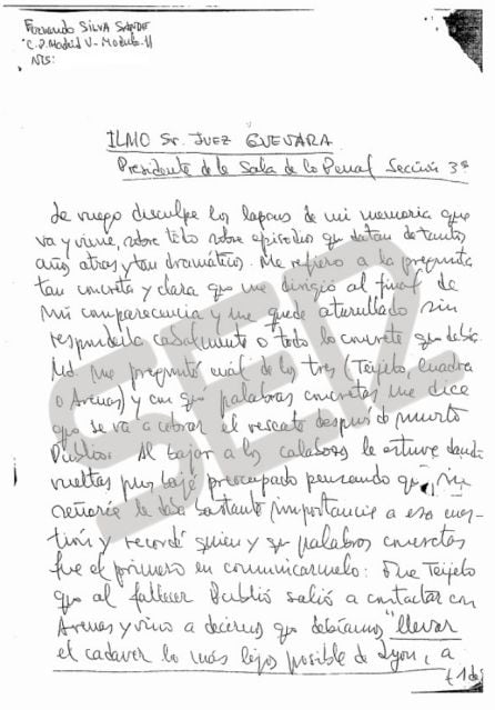 Primera página de la carta enviada por Silva Sande tras el juicio