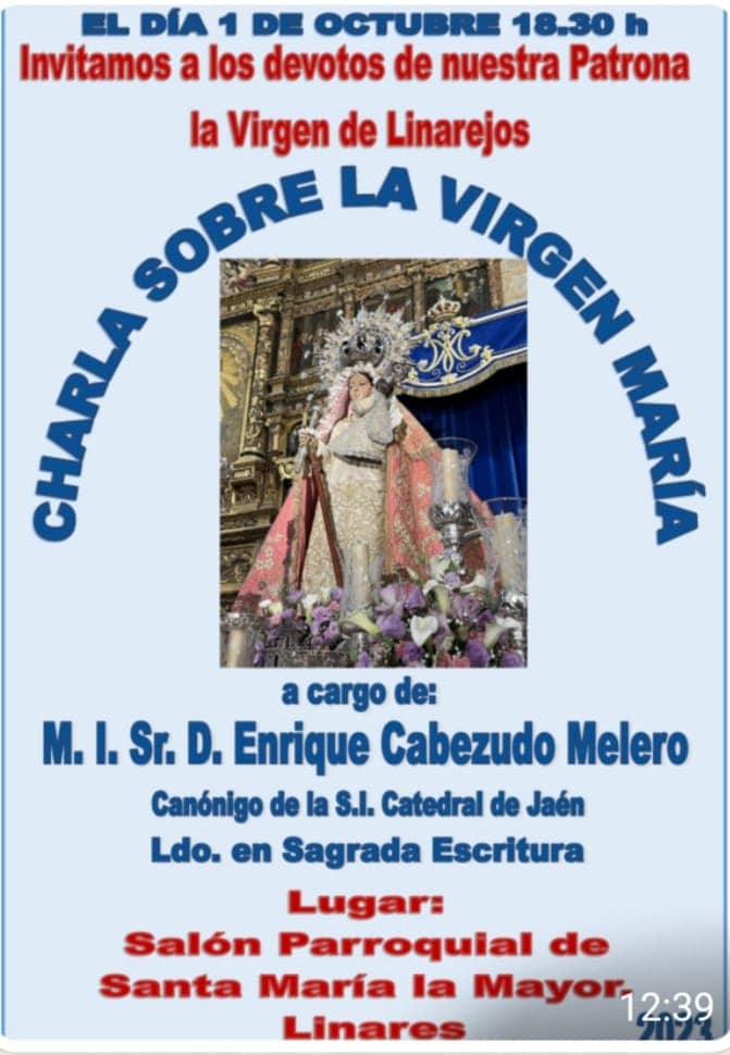 Cartel de la charla programada en el marco de las fiestas del patronazgo de la Virgen de Linarejos