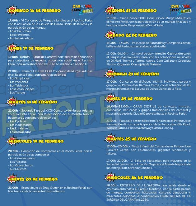 Programa de actos del Carnaval de Arrecife 2020.