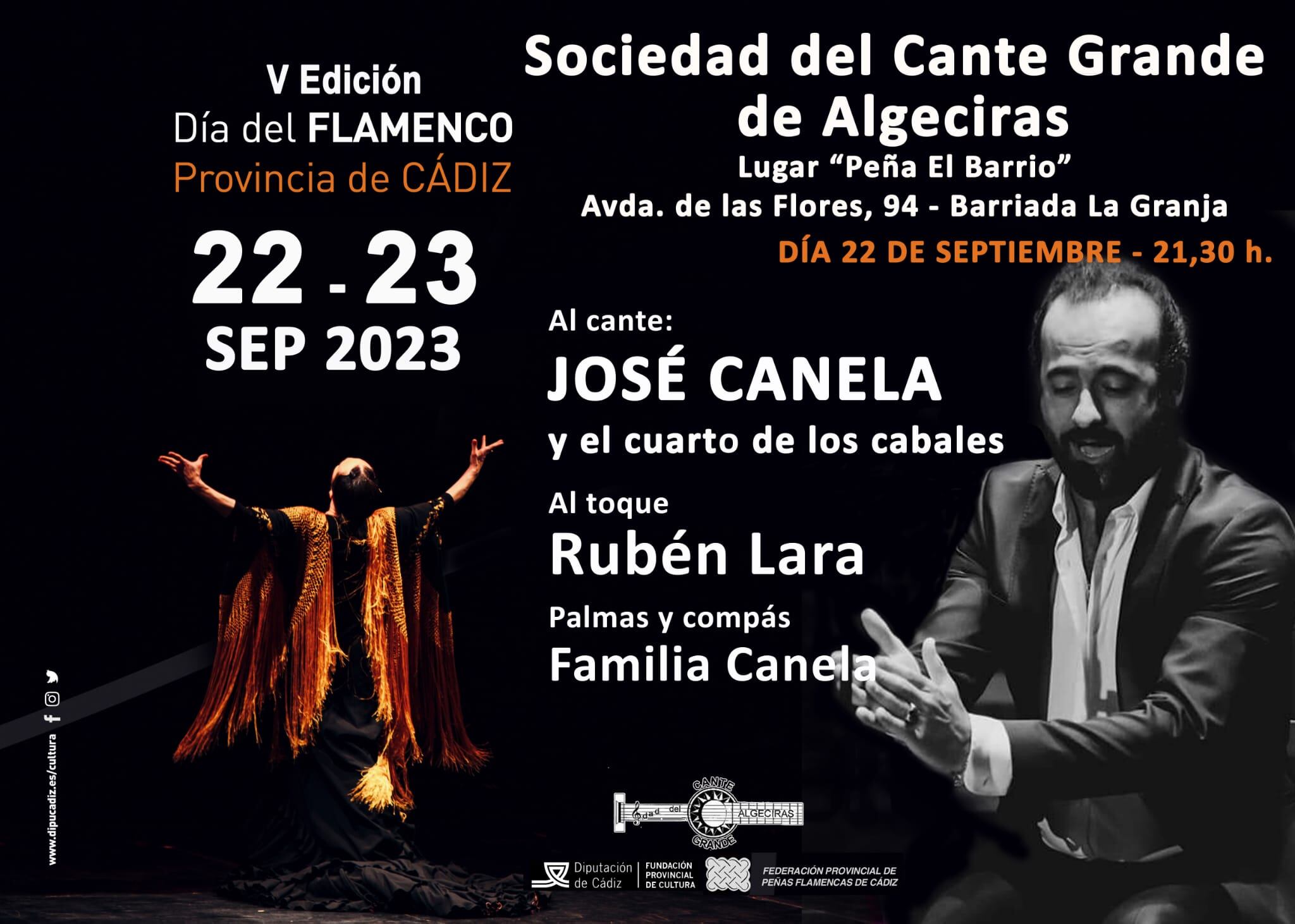 Cartel anunciador de la celebración del Día del Flamenco organizado por la Sociedad del Cante Grande de Algeciras que contará con el cantaor José Canela