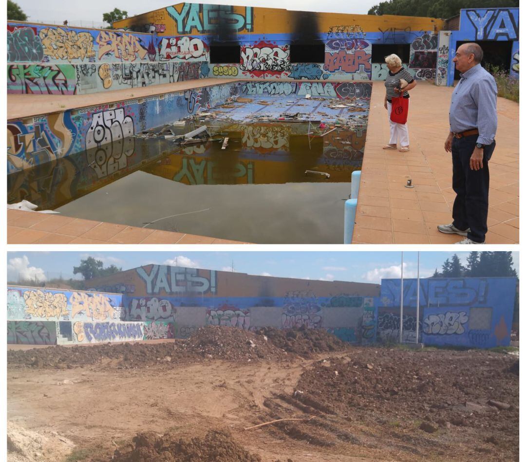 Piscina de Campanillas antes y después de ser enterrada