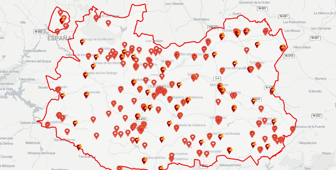 Mapa de los PIDs en la provincia de Ciudad Real