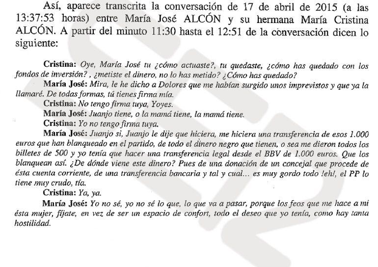 En el sumario de la operación Taula figura una conversación telefónica de la exconcejala del PP, María José Alcón, con su hermana en la que explica abiertamente cómo se hace el blanqueo de dinero en el partido.