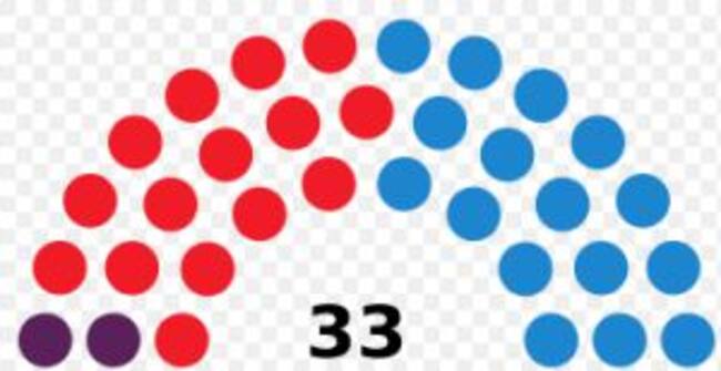 Composición de las Cortes de Castilla-La Mancha en la IX legislatura: 16 diputados del PP, 15 del PSOE y 2 de Podemos.