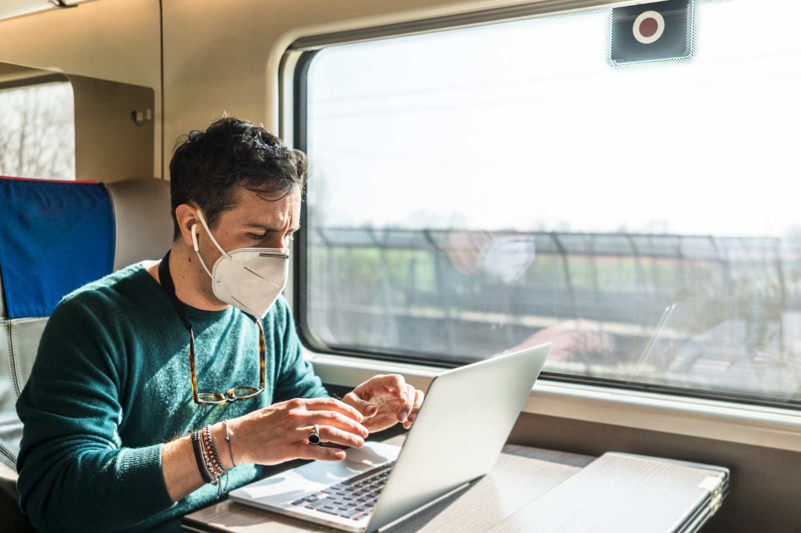 Un joven viajando en tren con la mascarilla puesta