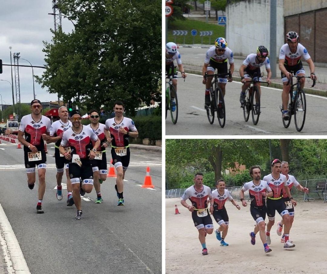 Los integrantes del equipo OPEN (i) durante su tramo de carrera y los ELITE sobre la bici -arriba dch.- y en carrera.