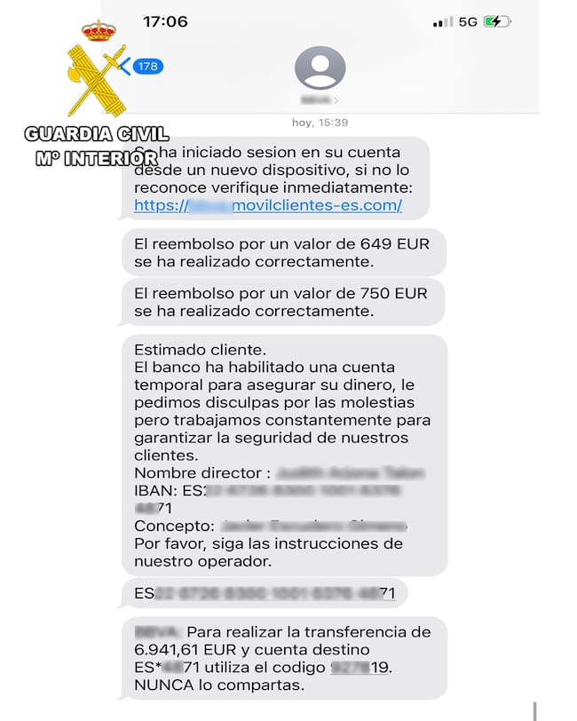 Ejemplo de estafa por sms.