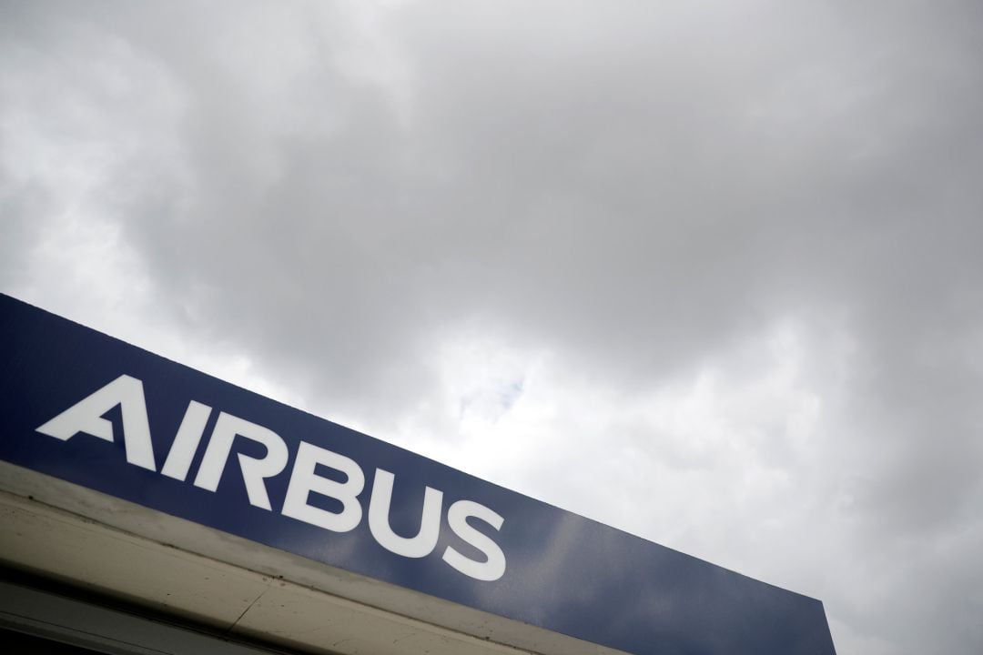 The logo of Airbus is pictured at the entrance of the Airbus facility in Bouguenais, near Nantes, France, July 2, 2020.