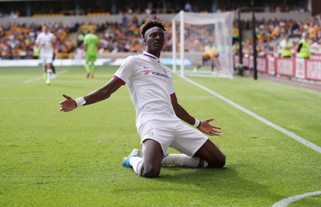 Soccer Football - Premier League - Wolverhampton Wanderers v Chelsea - Molineux Stadium, Wolverhampton, Britain - September 14, 2019  Chelsea&#039;s Tammy Abraham celebrates scoring their fourth goal  Action Images via ReutersCarl Recine  EDITORIAL USE ONLY. No use with unauthorized audio, video, data, fixture lists, clubleague logos or &quot;live&quot; services. Online in-match use limited to 75 images, no video emulation. No use in betting, games or single clubleagueplayer publications.  Please contact your account representative for further details.