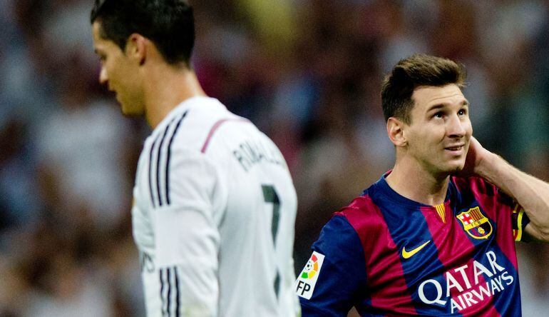 Cristiano Ronaldo y Messi, en el último Clásico en el Bernabéu.