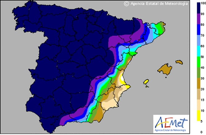 Probabilidad, en tanto por ciento, de que la precipitación total entre las 07 y las 07 horas UTC sea superior o igual a 0,5 mm.