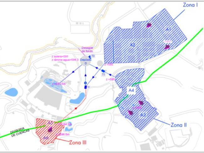 Plano de las zonas de recogida del agua de lluvia y la situación del depósito donde se almacenará este agua