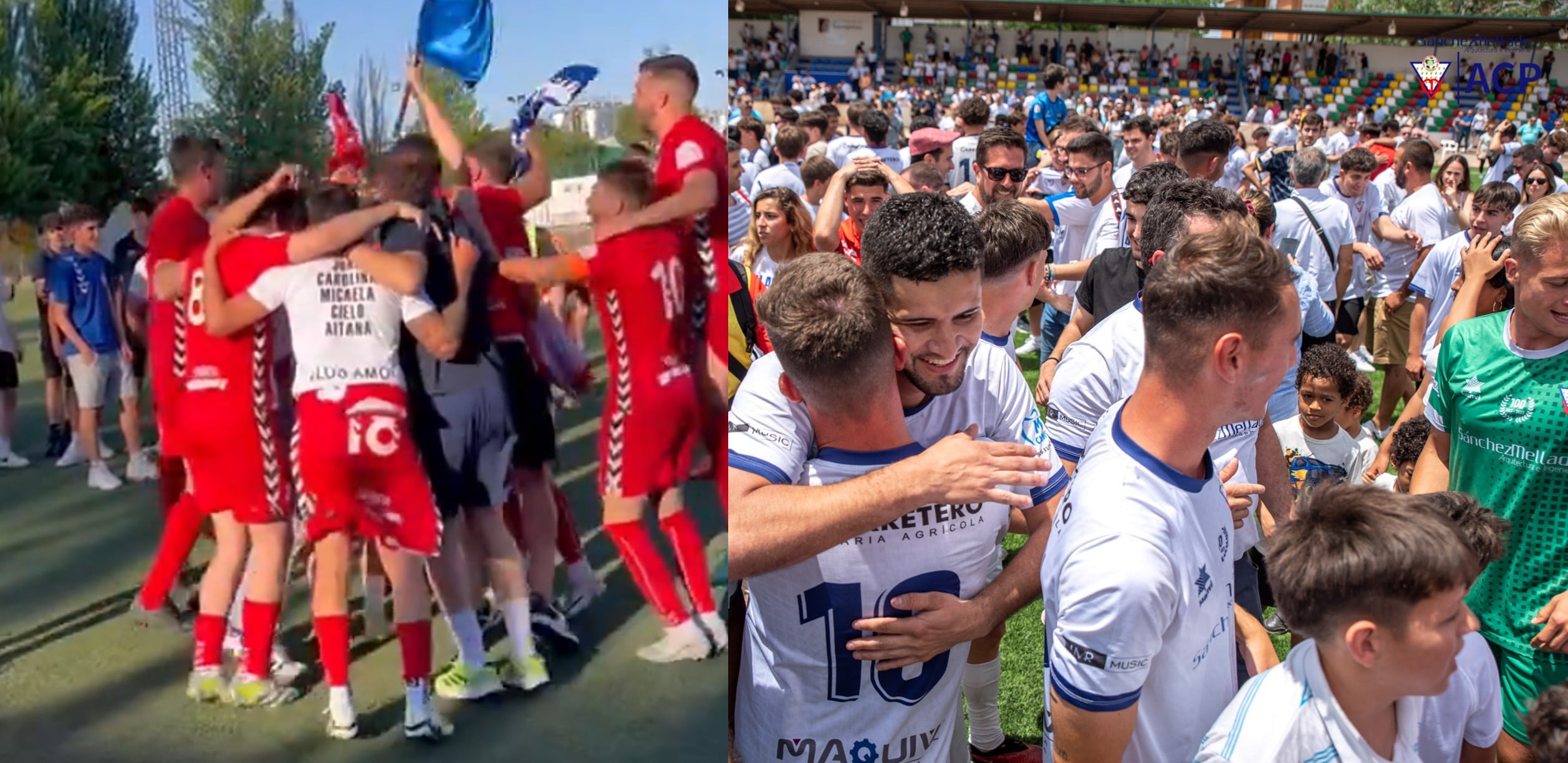 Jugadores de Manzanres y del Valdepeñas celebrando el ascenso