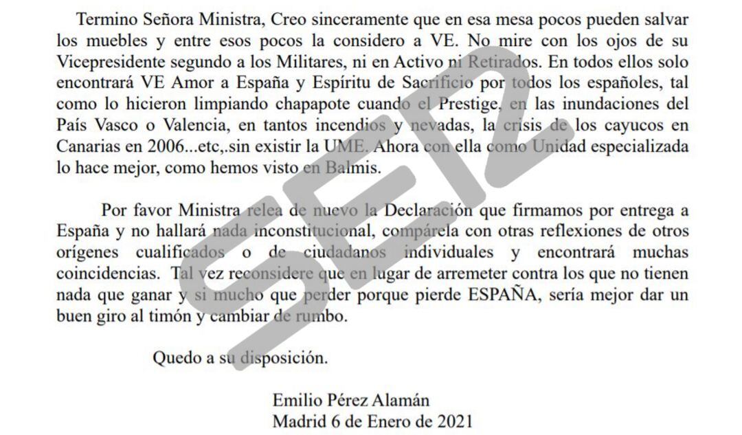 Extracto de la carta a la que ha tenido acceso la SER.