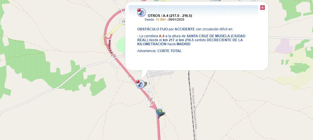 Mapa de la DGT donde ha tenido lugar el accidente en Santa Cruz de Mudela
