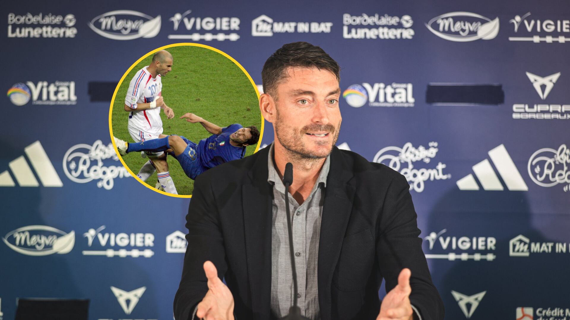 Albert Riera, entrenador del Burdeos, en un montaje con el cabezazo de Zidane a Materazzi