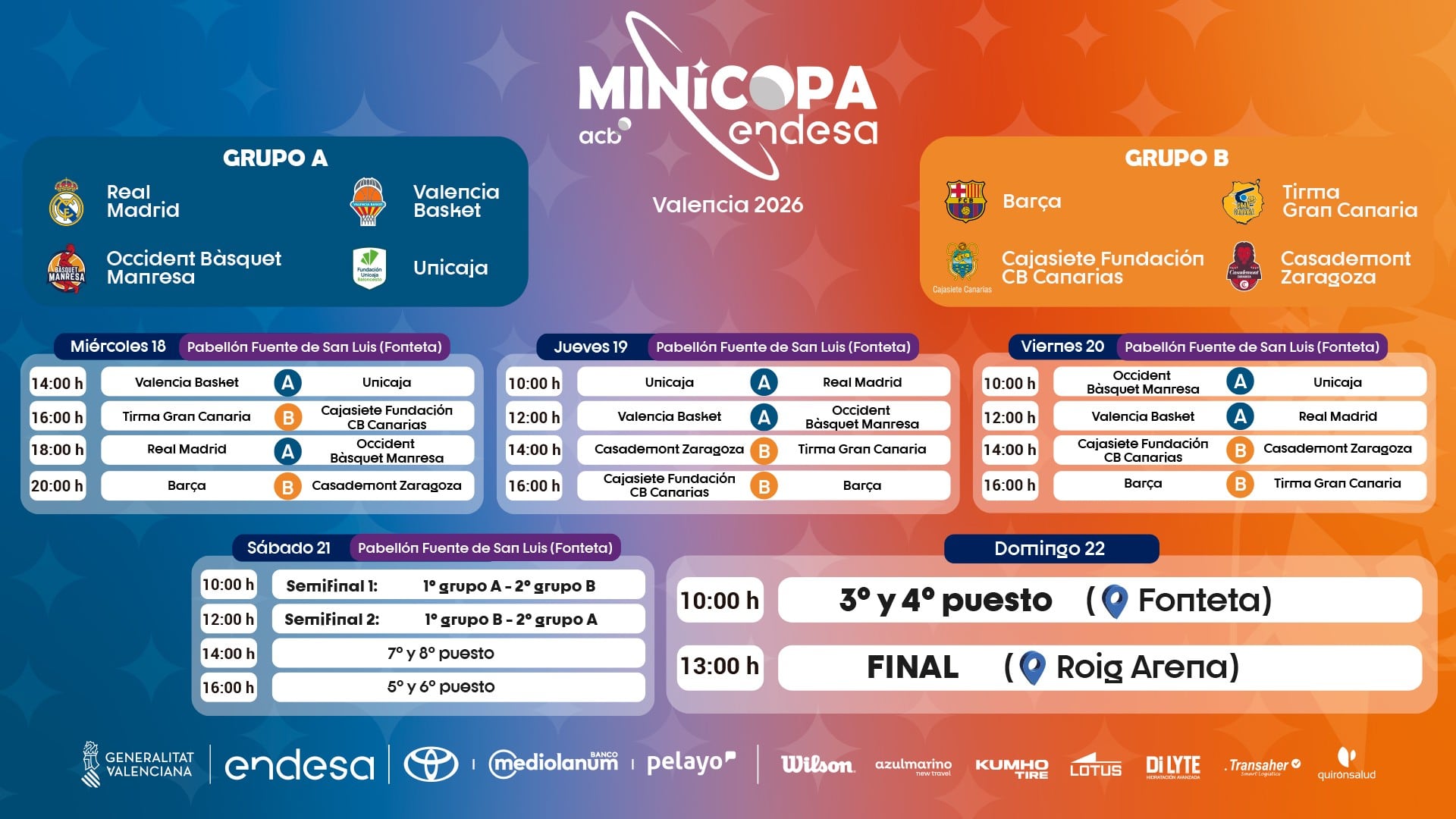 El calendario de la Minicopa Endesa que se disputará en el pabellón de La Fonteta en Valencia