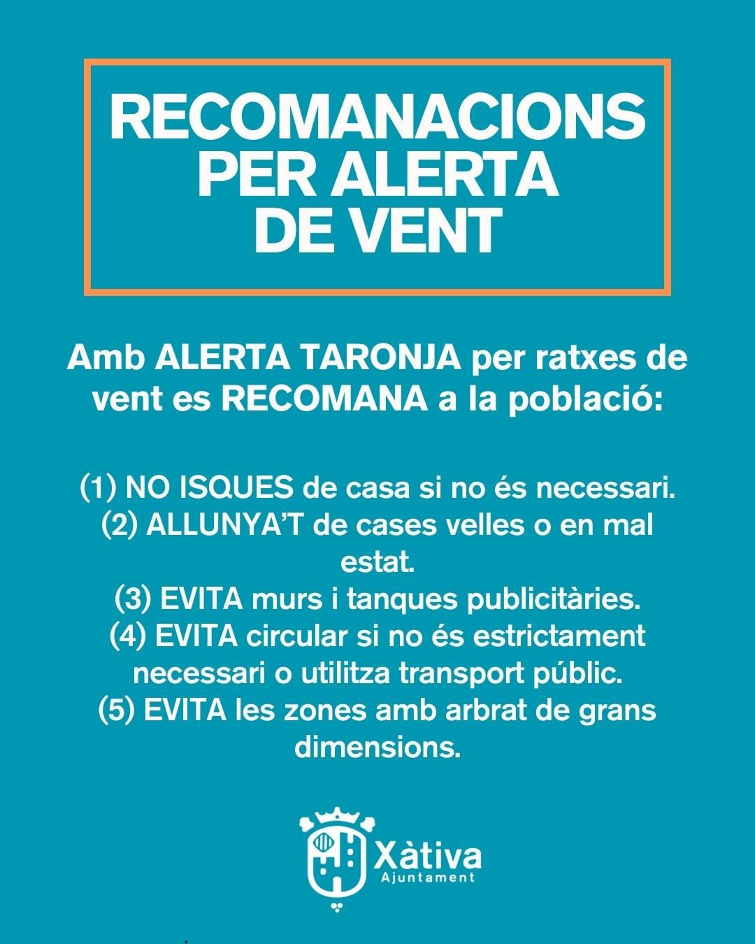 Recomendaciones por alerta de viento en Xàtiva. Fuente: Ajuntament de Xàtiva