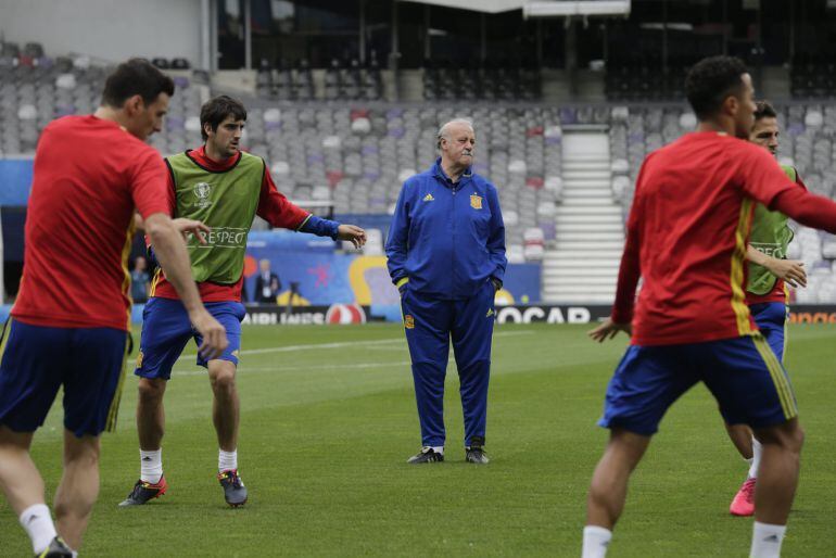 Vicente del Bosque durante el entrenamiento de la selección española ayer en el estadio de Toulouse