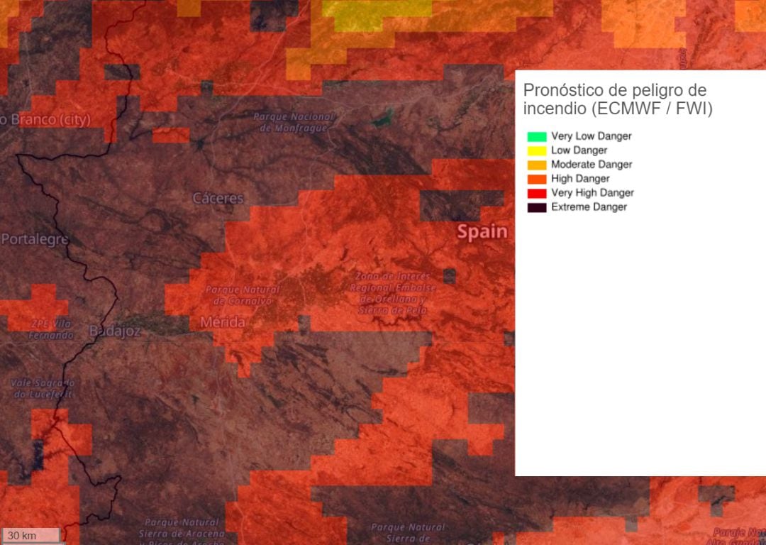 Previsión de incendio forestal para Extremadura el 13 de julio de 2020