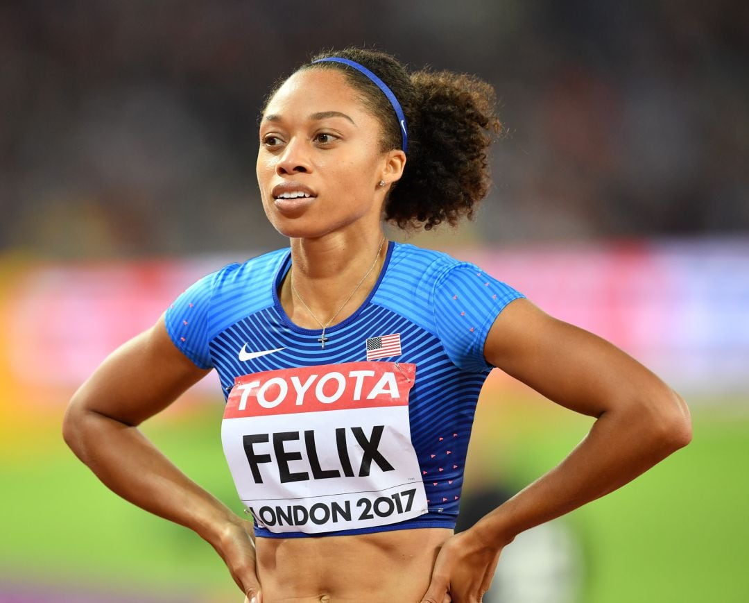 Allyson Felix, durante la final de los 400 metros en Londres 2017.