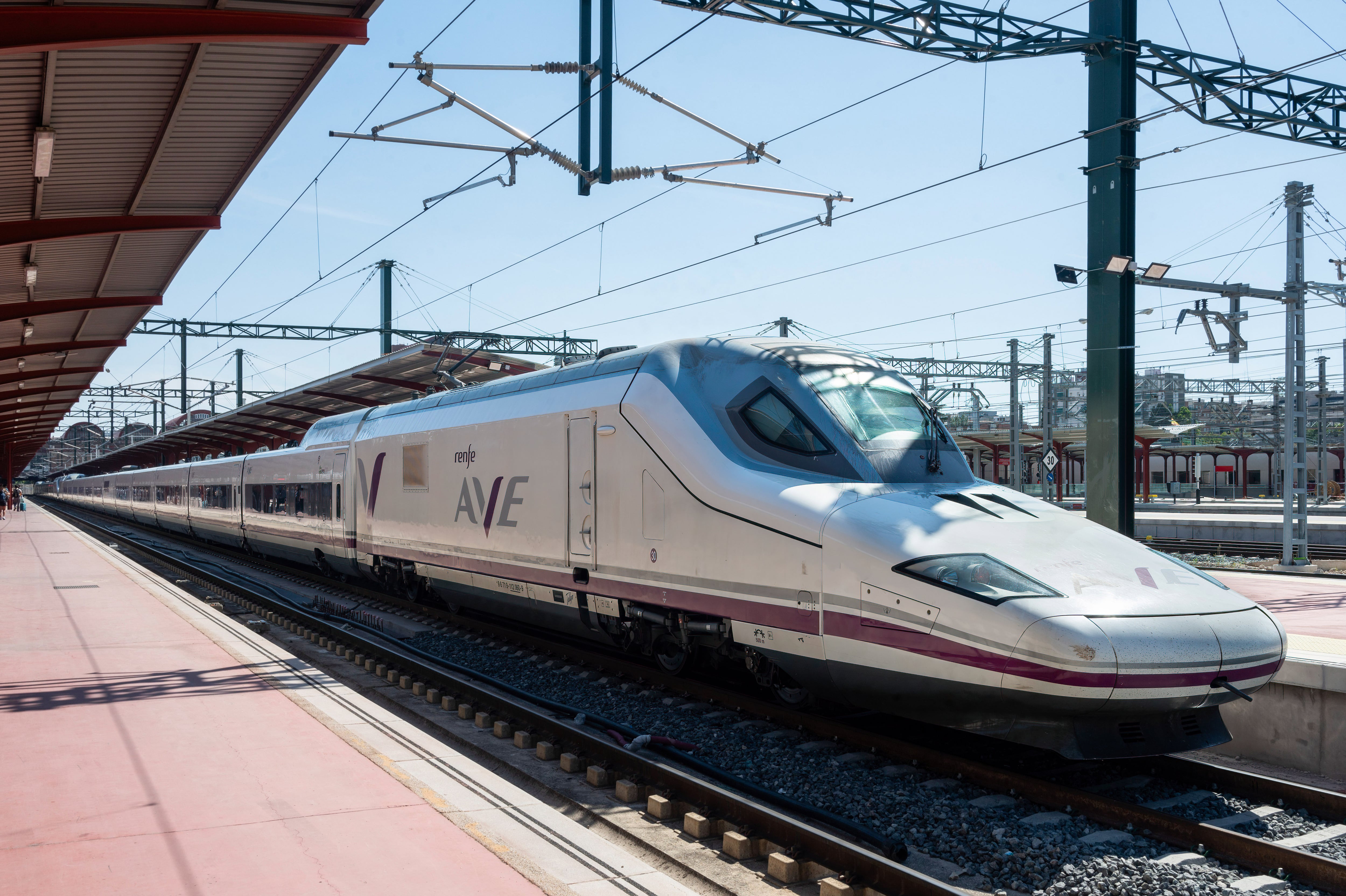 MADRID, SPAIN - 2024/07/08: A high-speed train from Spain&#039;s national state-owned railway company, Renfe, specifically the Ave, is seen on the platform at Chamartin Clara Campoamor train station in Madrid. (Photo by Xavi Lopez/SOPA Images/LightRocket via Getty Images)