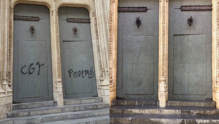 Imagen de la puerta de la Lonja antes y después de la limpieza