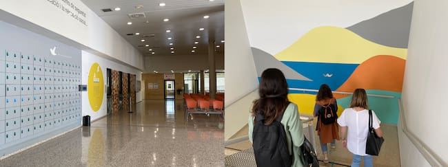 Guixetes d'entrada a la presó de Brians 2 i murals durant el recorregut que fan els familiars