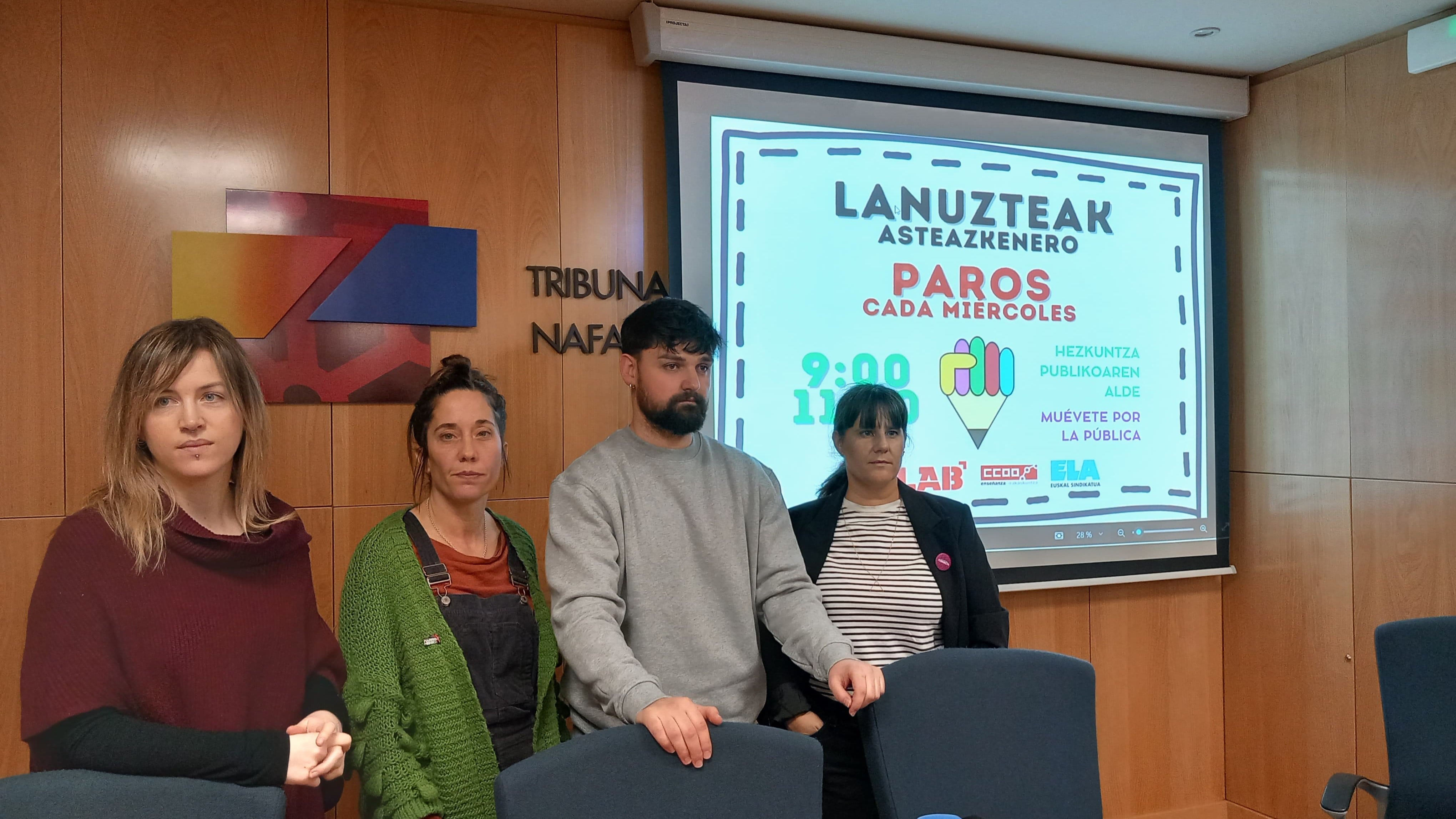 Representantes de LAB, CCOO, Steilas y ELA en la convocatoria de paros en la educación en Navarra. Cadena SER