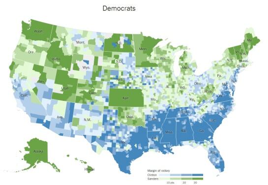 Mapa de Estados Unidos con los resultados de las elecciones primarias del Partido Demócrata.