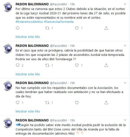 Hilo de @PasionBM sobre las últimas noticias sobre ASOBAL y la suscripción de varios clubes.