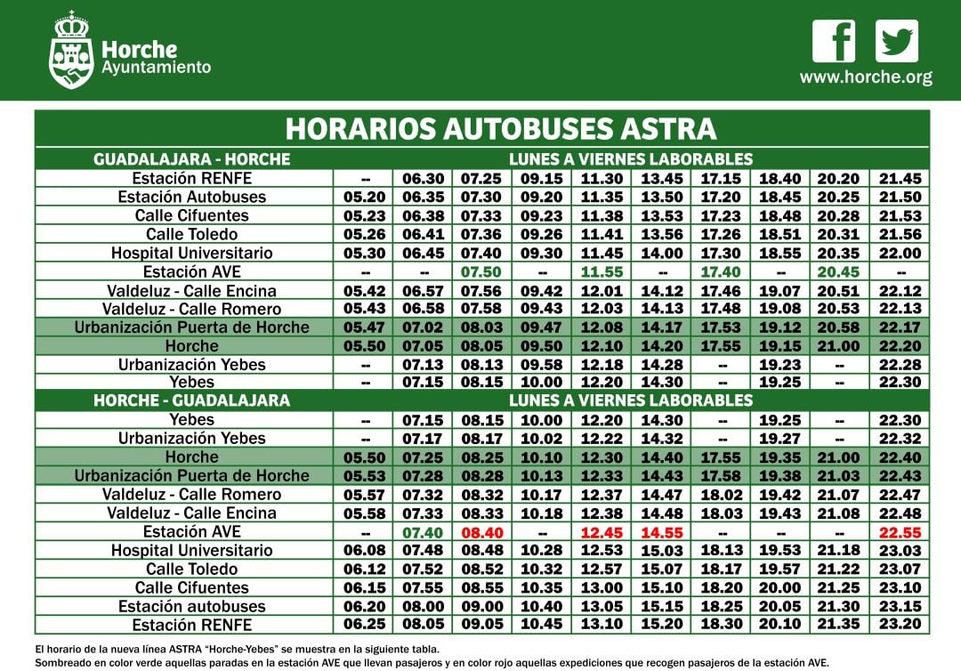 Horarios nuevo servicio de autobuses ASTRA