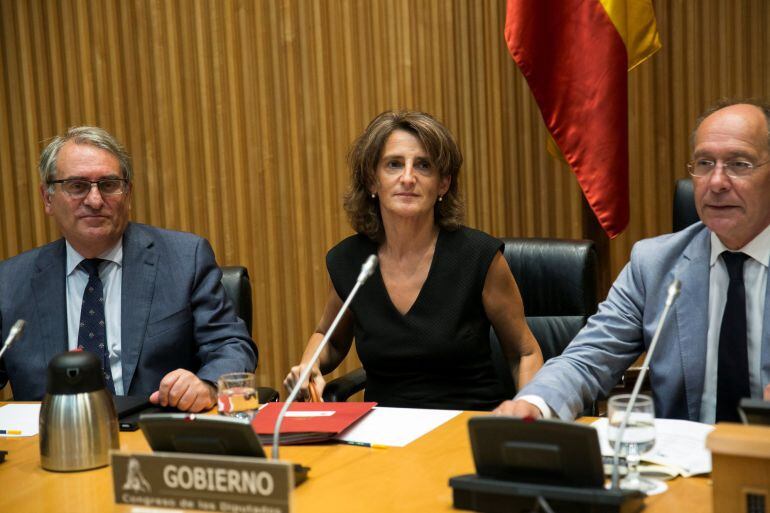 La ministra para la Transición Ecológica, Teresa Ribera, junto al presidente y al vicepresidente de la Comisión de Transición Ecológica, José Juan Díaz Trillo (d) y José Ramón García Cañal (i), esta tarde durante su comparecencia en el Congreso de los Dip