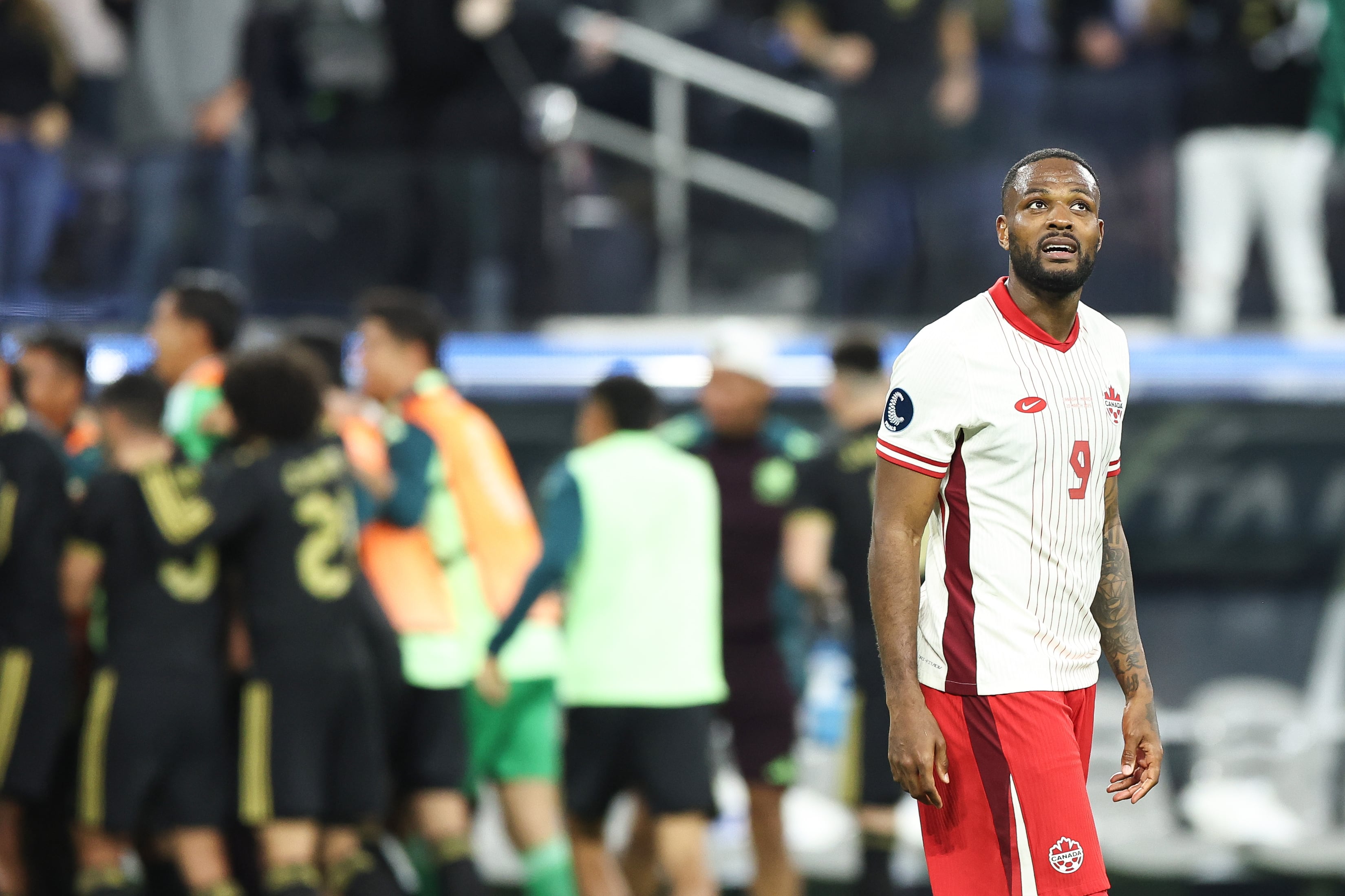 INGLEWOOD, CALIFORNIA - MARCH 20: Cyle Larin #9 of Canada reacts during the second half of the Concacaf Nations League Semifinal match between Canada and Mexico at SoFi Stadium on March 20, 2025 in Inglewood, California. (Photo by Omar Vega/Getty Images)