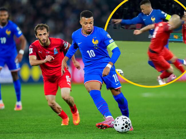 Mbappé, junto a un fotograma de la jugada de su gol