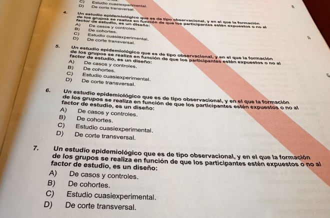 Imagen del examen de la oposición de Fisioterapia del Servicio Murciano de Salud con las preguntas repetidas