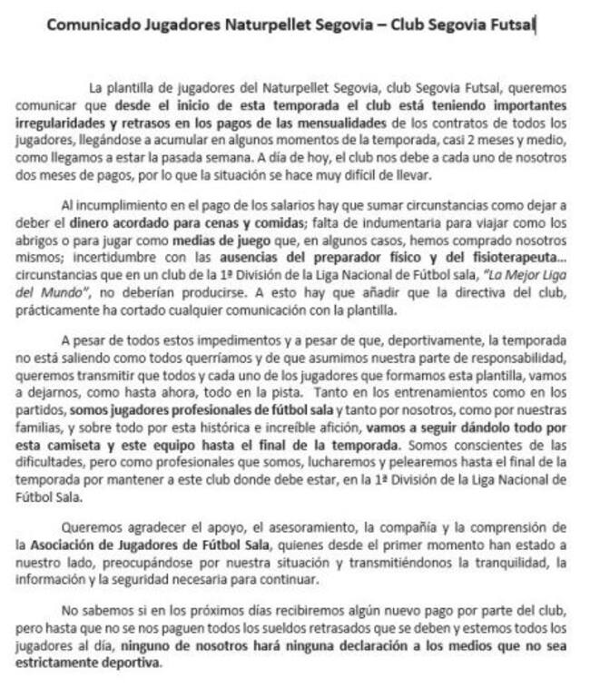 Comunicado de los jugadores de Naturpellet