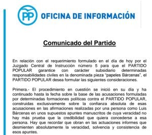 Comunicado completo del PP.