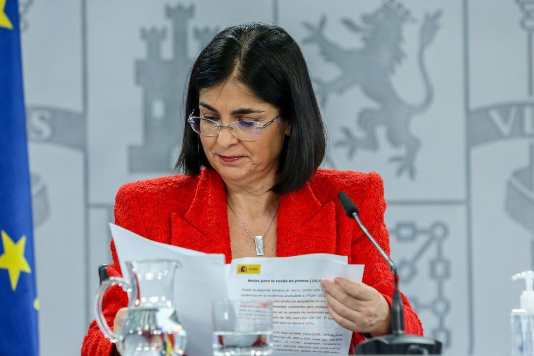 La ministra de Sanidad, Carolina Darias, durante una rueda de prensa tras la reunión del Consejo Interterritorial del Sistema Nacional de Salud, el pasado 14 de abril.