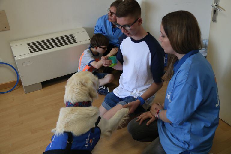 Imatge d'un nen afectat amb SAF, fent teràpia amb gossos a l'Hospital Vall d'Hebron