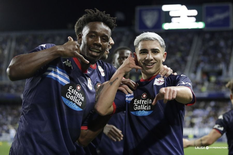 Bouldini celebra el gol de Yeremay en La Rosaleda