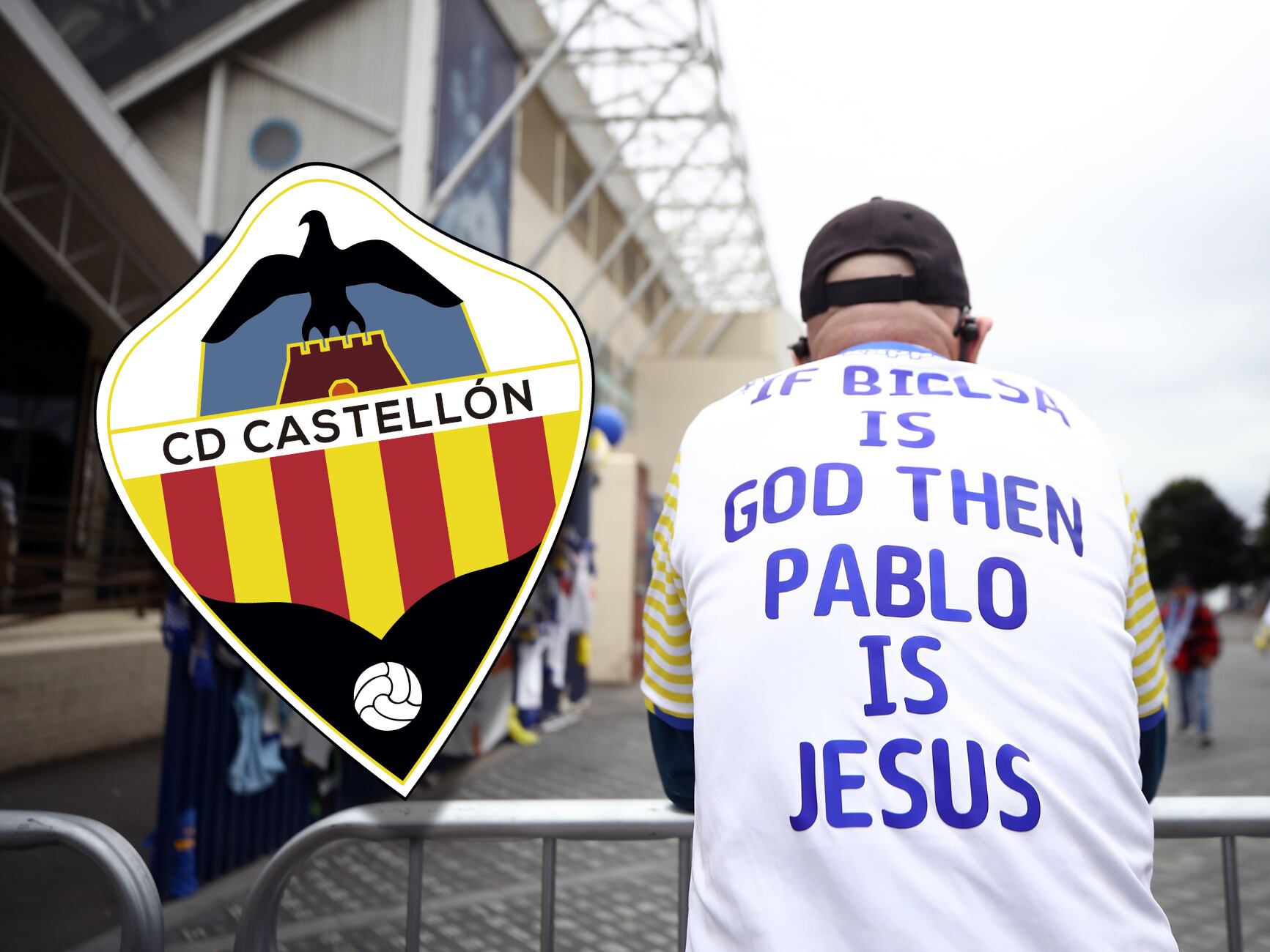 El escudo del Castellón y un aficionado del Leeds