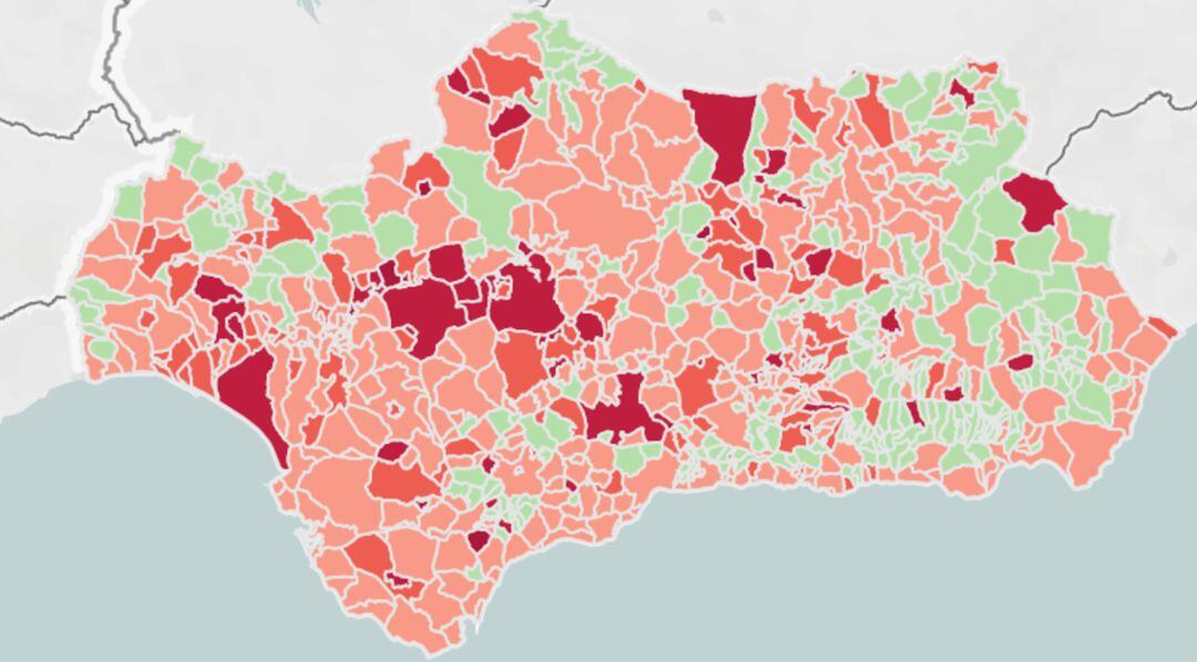 Mapa de evolución del coronavirus en Andalucía según la estadística del portal IECA