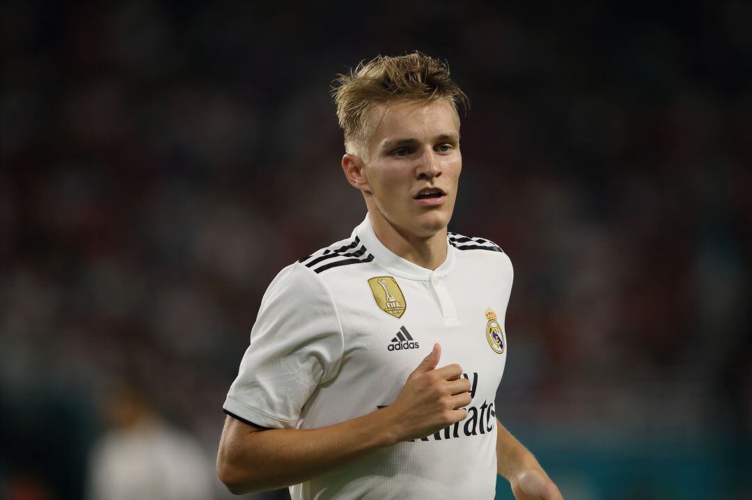 Odegaard, durante un partido de Champions entre el United y el Madrid. 