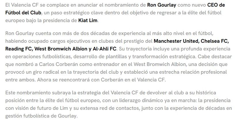 El comunicado del Valencia CF sobre le nombramiento de Ron Gourlay como nuevo CEO de la entidad valenciana.