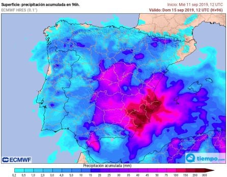 Mapa de acumulados de lluvia hasta el próximo domingo.