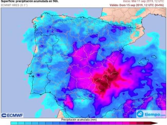 Mapa de acumulados de lluvia hasta el próximo domingo.